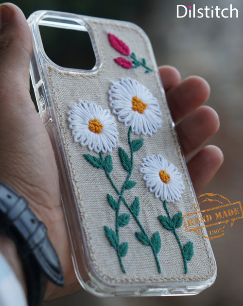 Daisy-1 | Hand-Embroidered White Daisy Floral Phone Outfit by DilStitch| Handmade Fabric iPhone cover